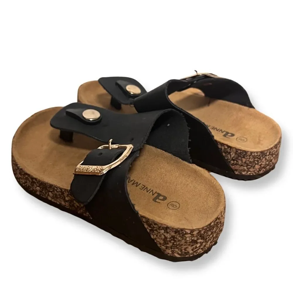 Anne Marie Little Kid Like Birkenstock Sandals Black  Faux Leather Tan Cork Heel